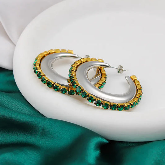 Emerald Rhinestone Embellished Chunky Hoop Earrings