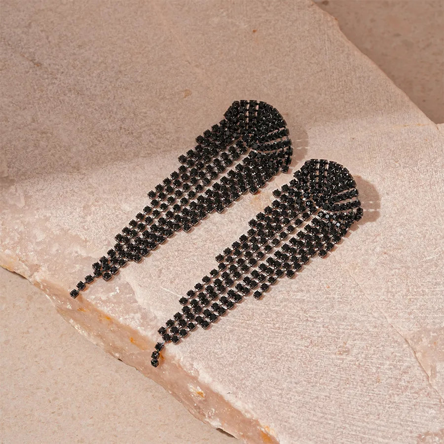 Noir Crystal Cascade Tassel Earrings – Black Statement Drops
