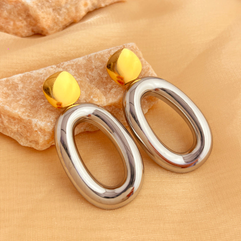 Bold Mixed-Metal Oval Drop Earrings