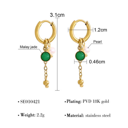 Green Jade Pearl Drop Hoop Earrings
