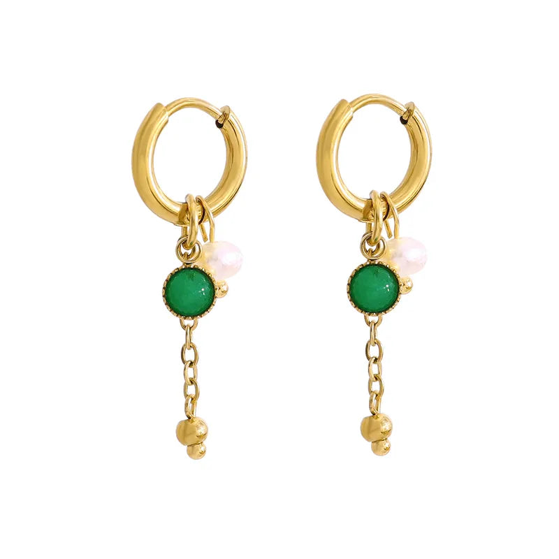 Green Jade Pearl Drop Hoop Earrings