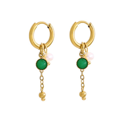 Green Jade Pearl Drop Hoop Earrings