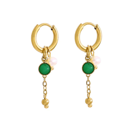 Green Jade Pearl Drop Hoop Earrings