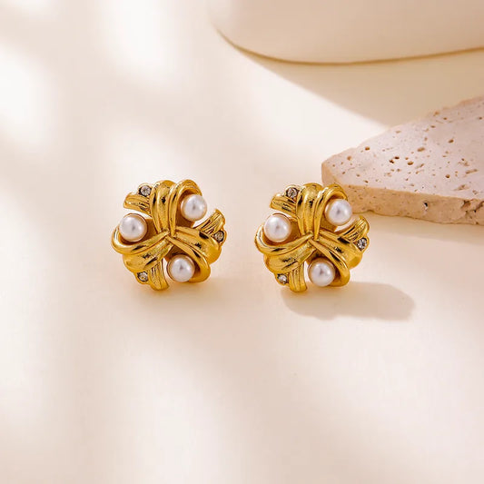 Pearl Knot Stud Earrings – 18K Gold Plated Stainless Steel