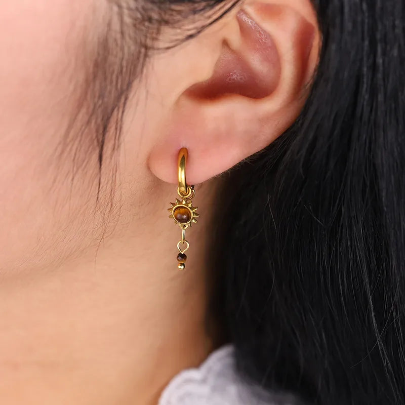 Tiger Eye Sun Drop Hoop Earrings