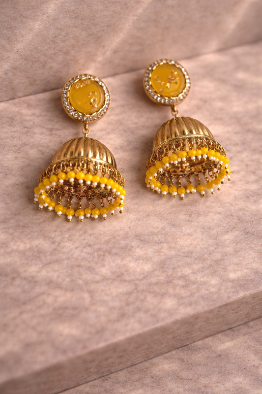 Sunheri Yellow Beaded Jhumka Earrings