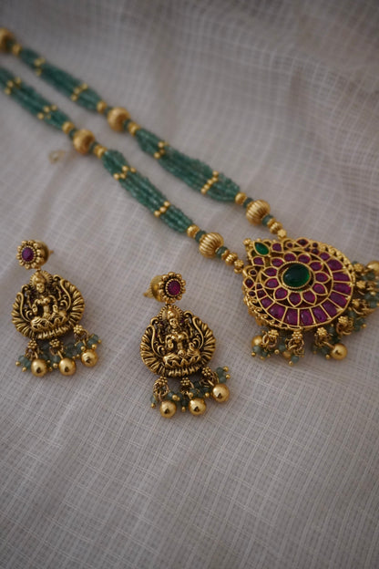 Temple Laxmi Green Necklace Set (6 in 1)