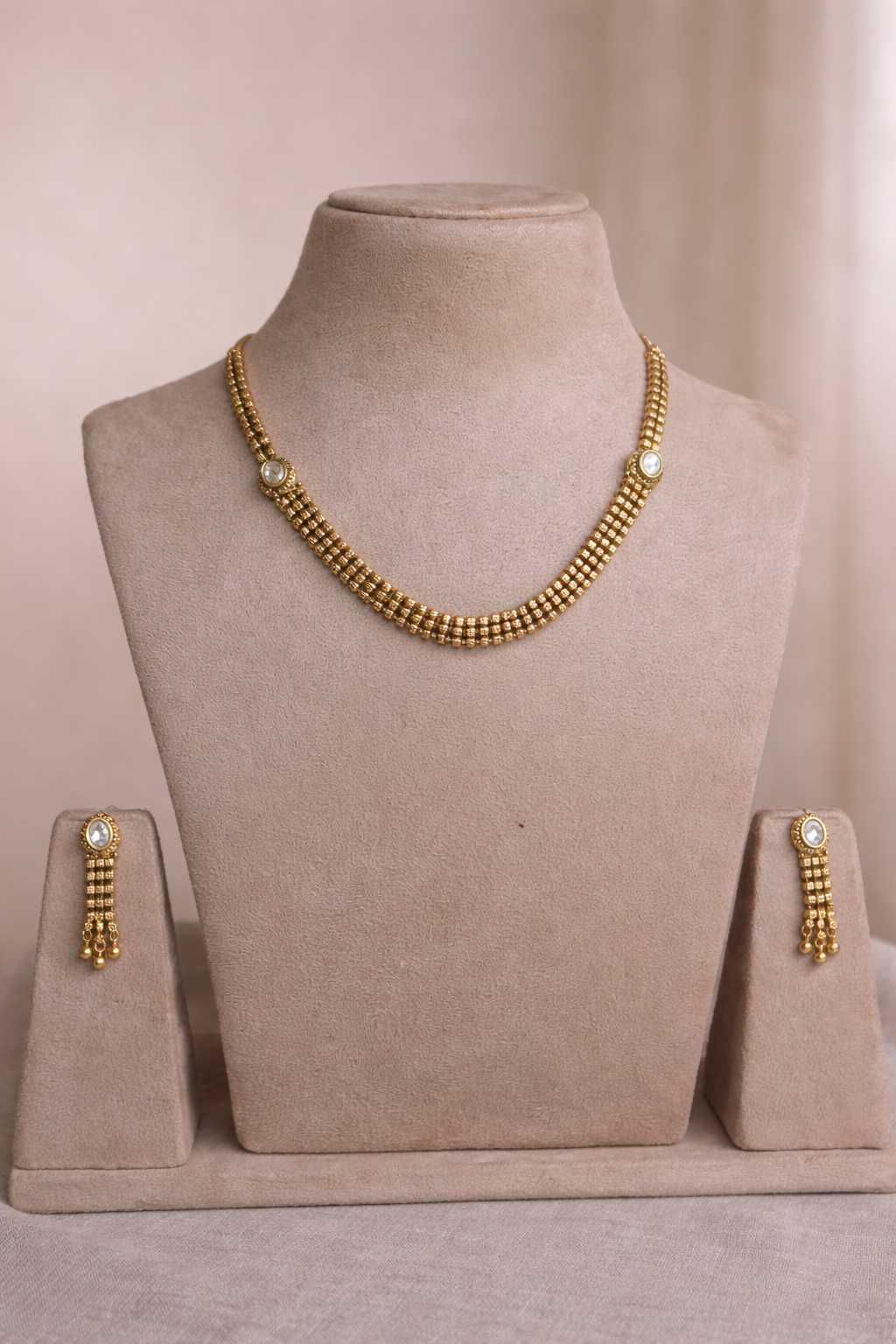 aadhira antique gold link necklace set with matching drop earrings by lylak