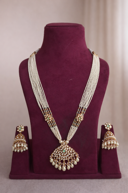 aarohi pearl kundan long necklace set with pearl jhumka earrings by lylak