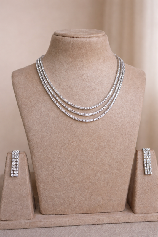 celestia triple row diamond necklace set with matching earrings by lylak