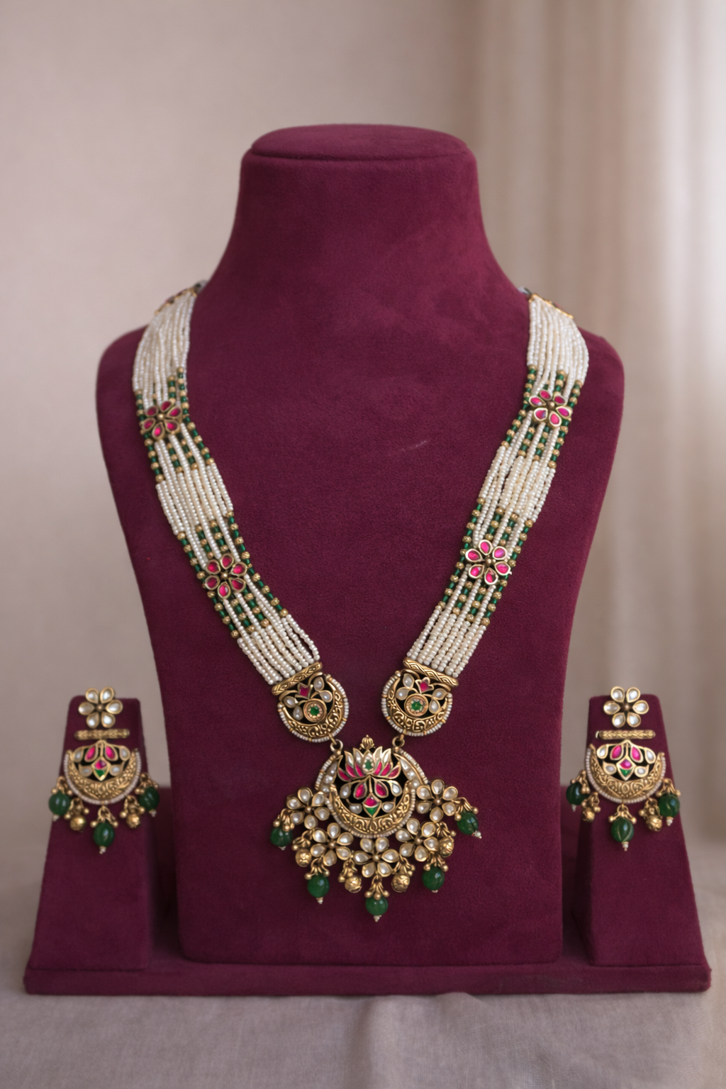 heritage pearl kundan long necklace set with green bead drops by lylak