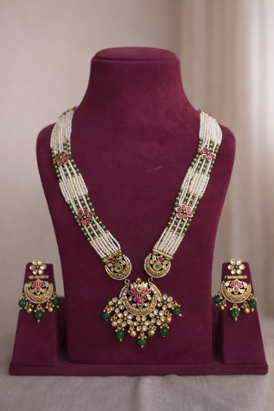 heritage pearl kundan long necklace set with green bead drops by lylak