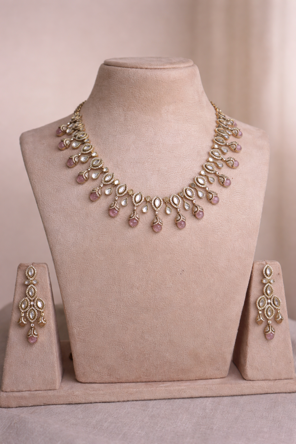 victorian polki necklace set with blush stone drops and matching earrings by lylak