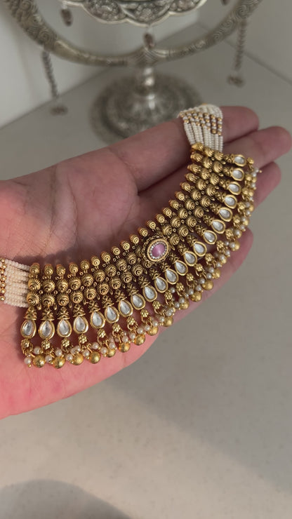 Temple Pearl Pink Choker Necklace Set