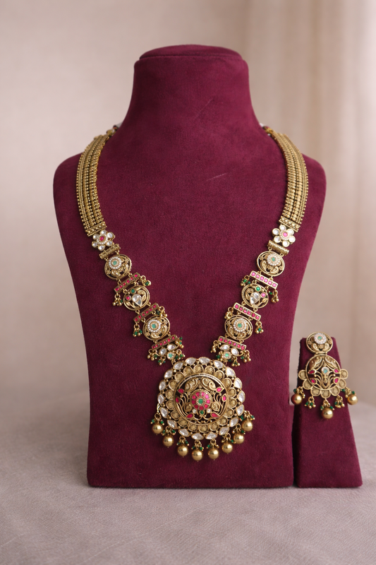 rajwada kundan temple long necklace set with antique gold pendant by lylak