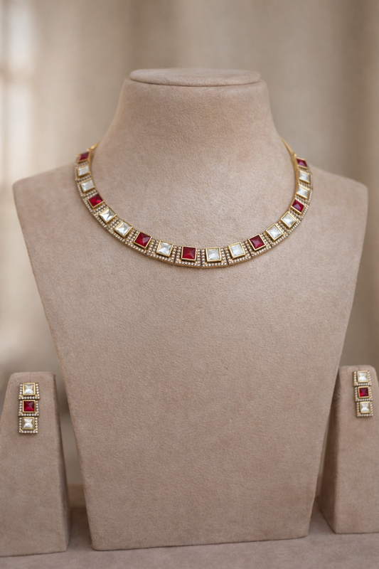 Riya Ruby Kundan Necklace Set (Necklace & Earrings)