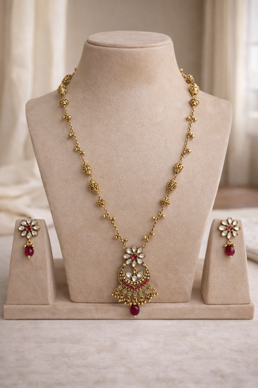 Ruby Drop Temple Necklace Set (Necklace & Earrings)