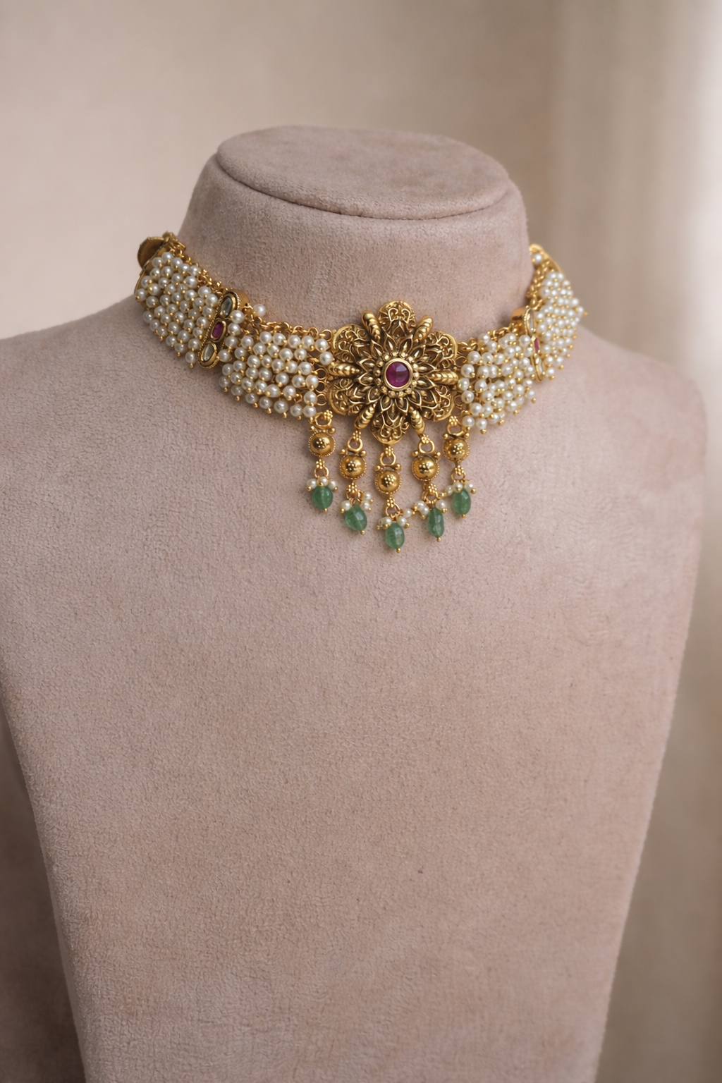 Temple Pearl Choker Necklace with Green Bead Jhumka (Necklace & Earrings)