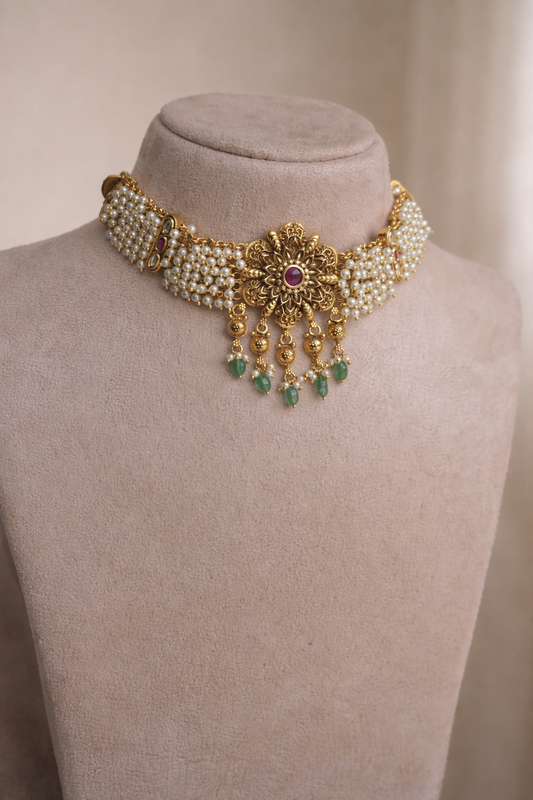 Temple Pearl Choker Necklace with Green Bead Jhumka (Necklace & Earrings)