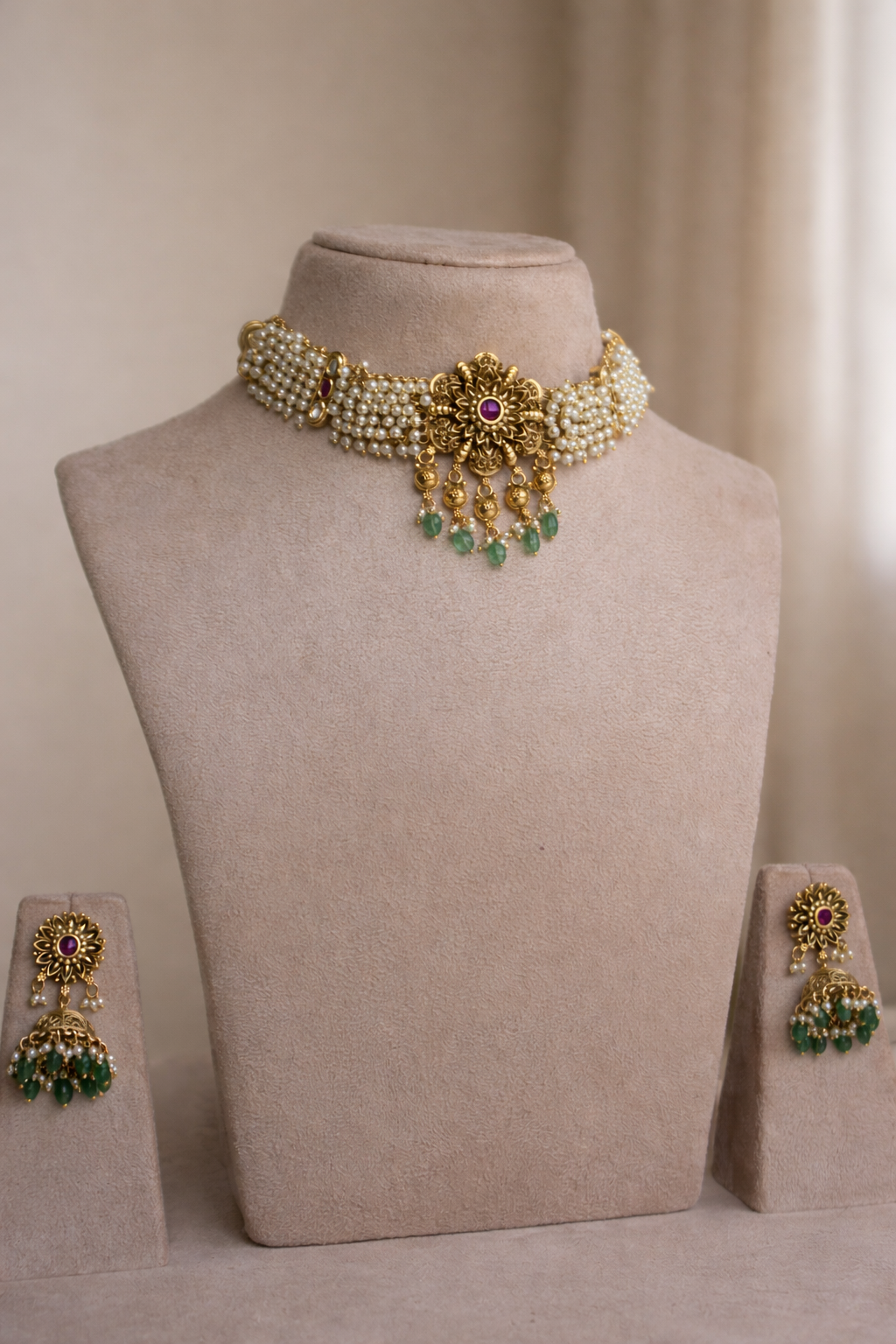 Temple Pearl Choker Necklace with Green Bead Jhumka (Necklace & Earrings)