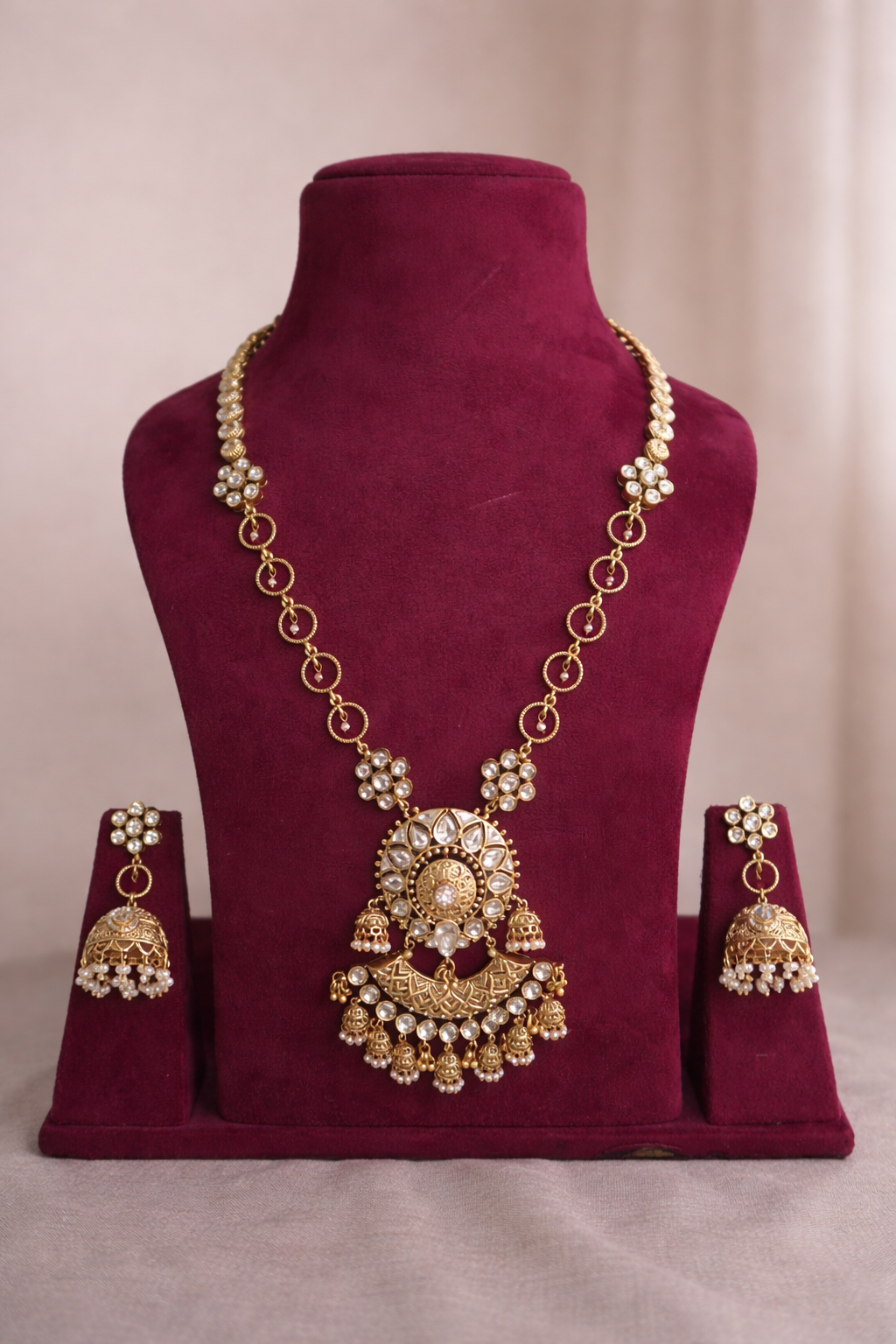 zariya kundan temple pendant long necklace set with jhumka earrings by lylak